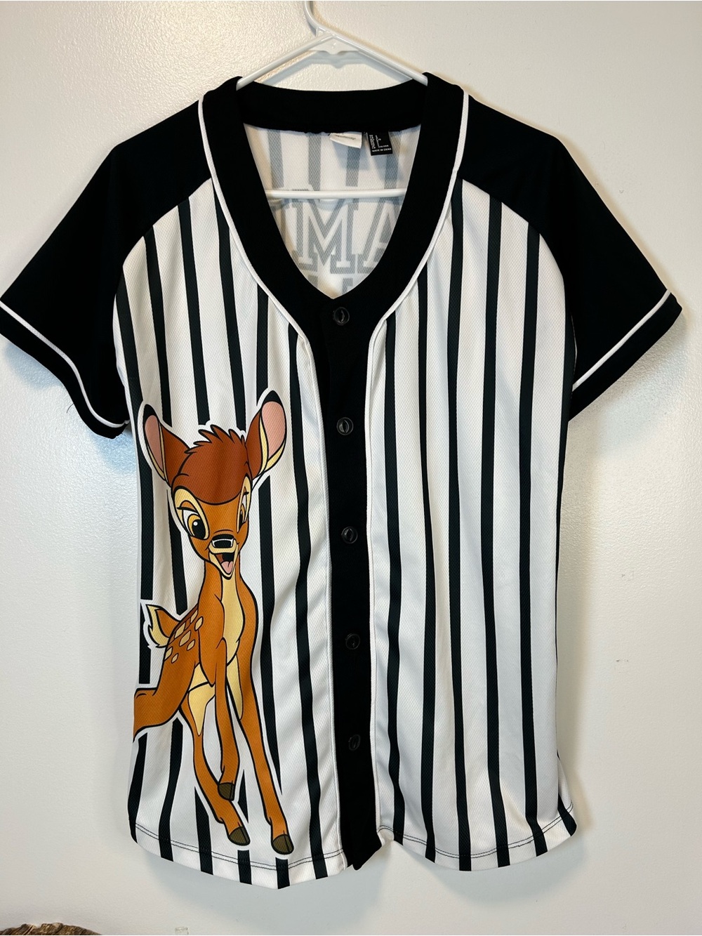 Disney Bambi Black & White Striped Baseball Jersey Button-Front Womenβs Largeβ